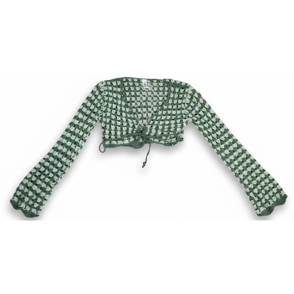 Mahina Womens Small Green Crochet Cropped Sweater Tie Front Long Sleeve Boho Top